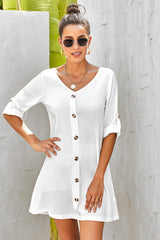 V Neck Button Front Roll Up Tab Sleeve Dress