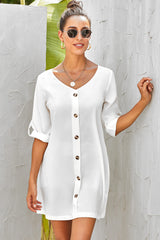 V Neck Button Front Roll Up Tab Sleeve Dress