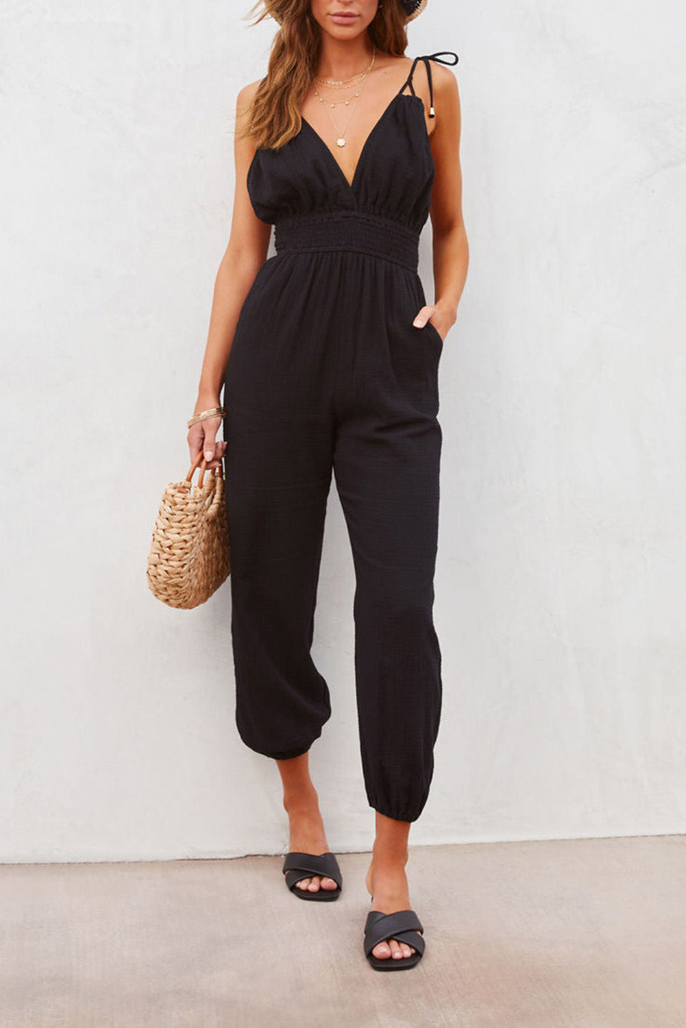 V Neck Knotted Shoulder Backless Pocket Jumpsuit