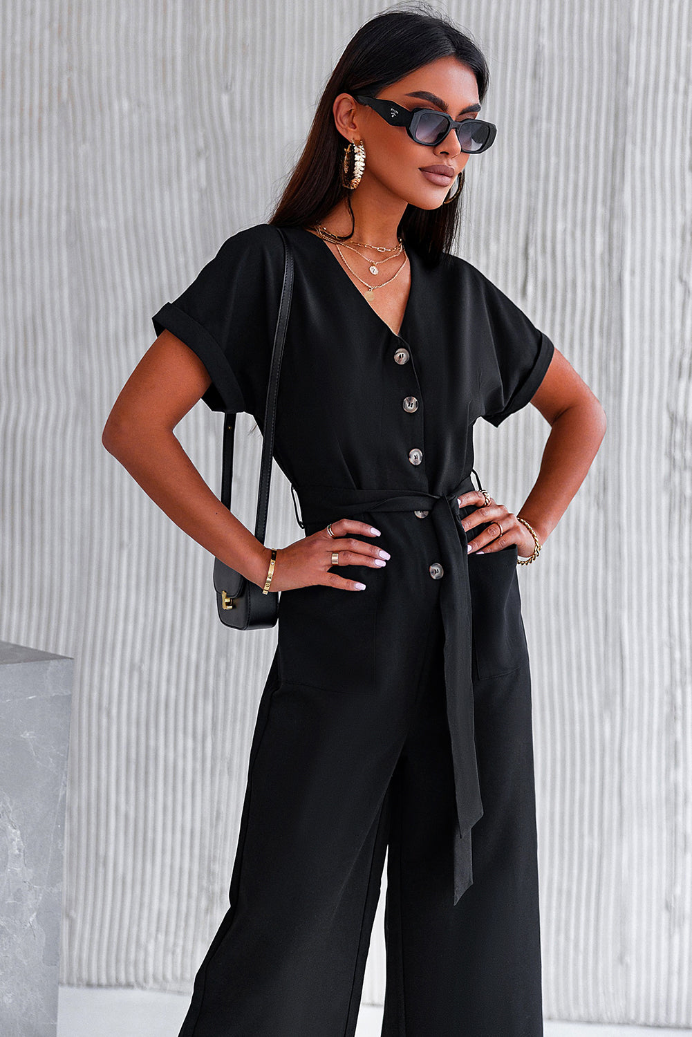 V Neck Pocketed Jumpsuit