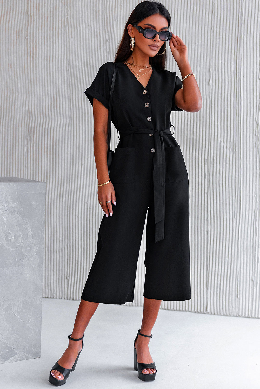 V Neck Pocketed Jumpsuit