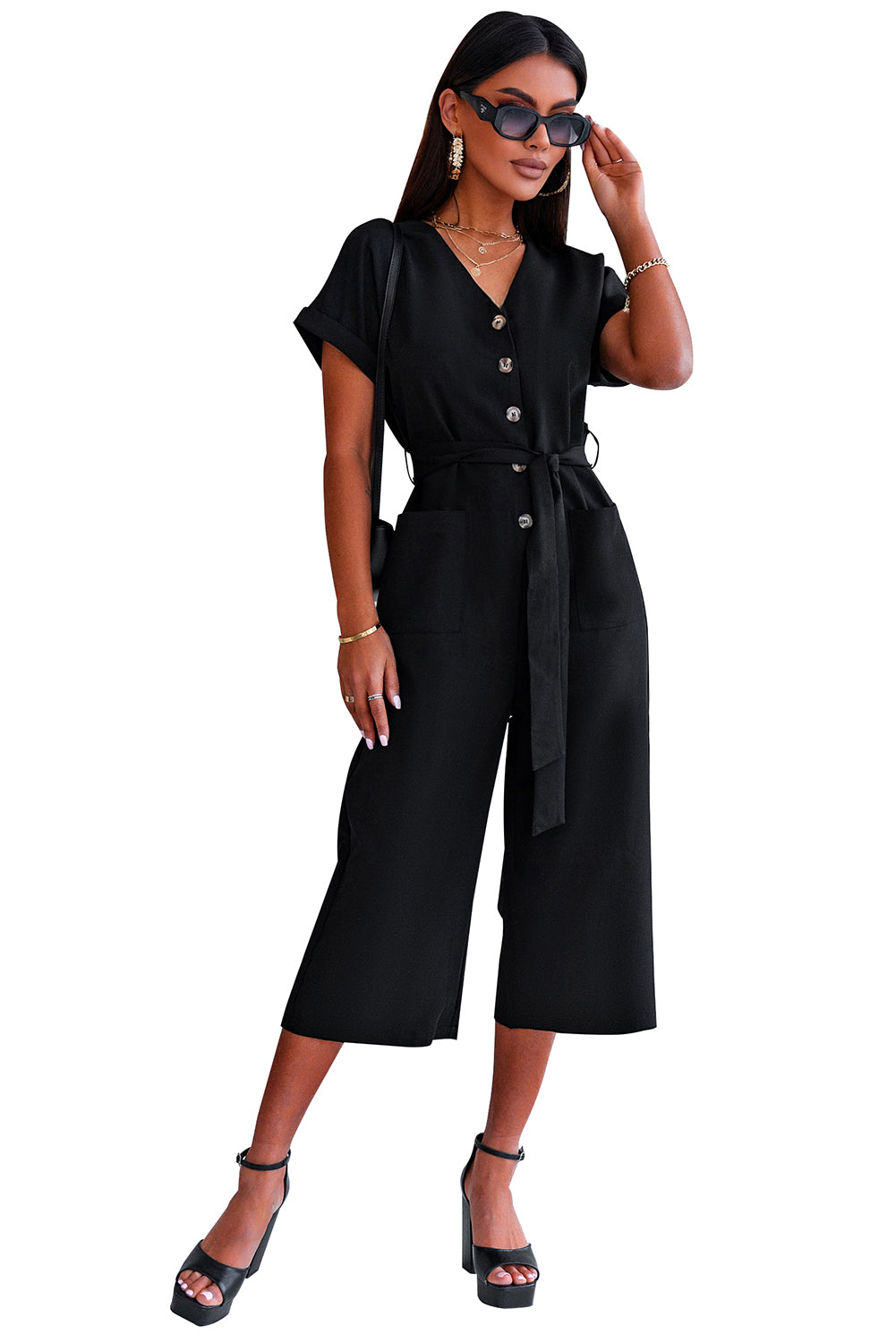 V Neck Pocketed Jumpsuit