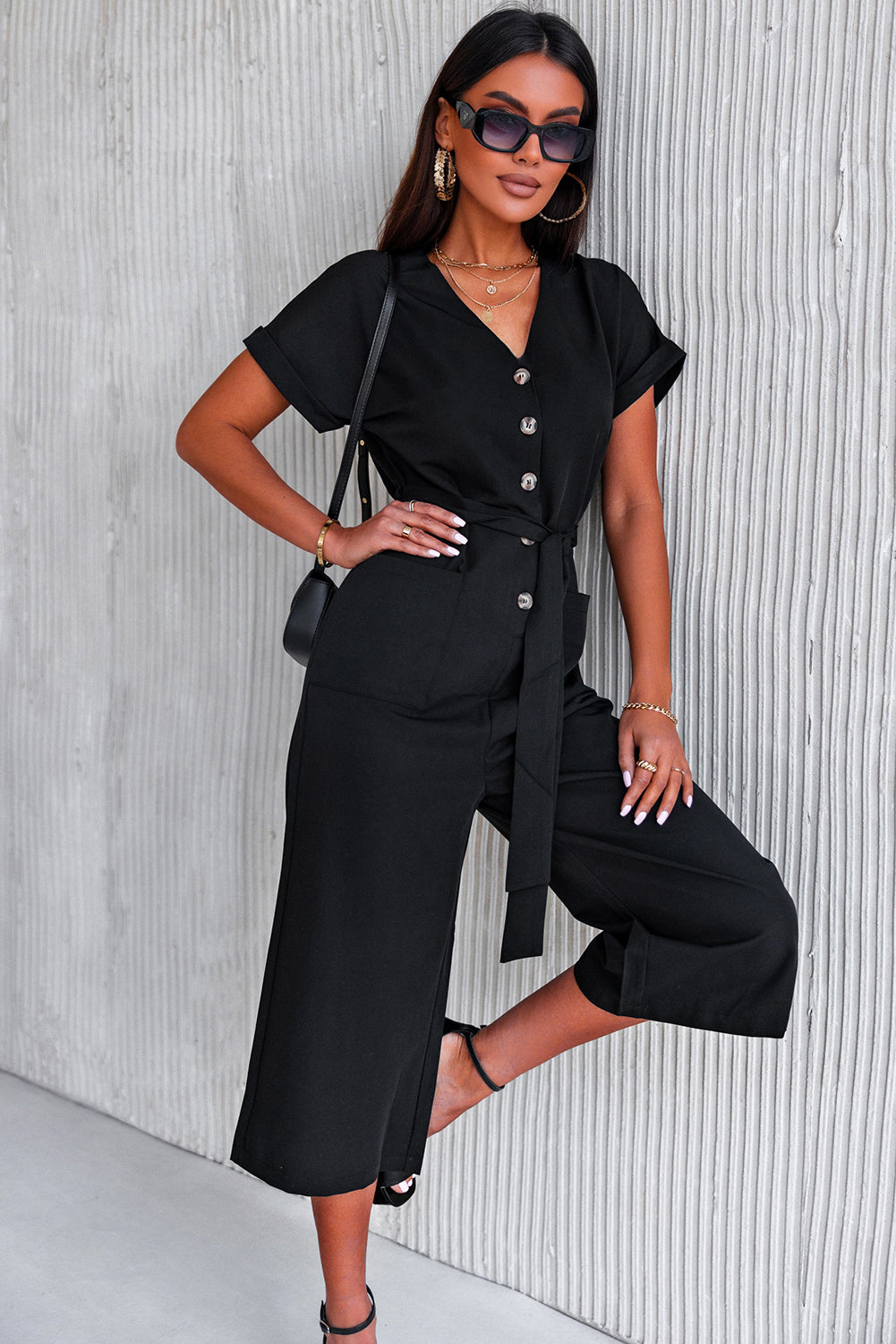 V Neck Pocketed Jumpsuit