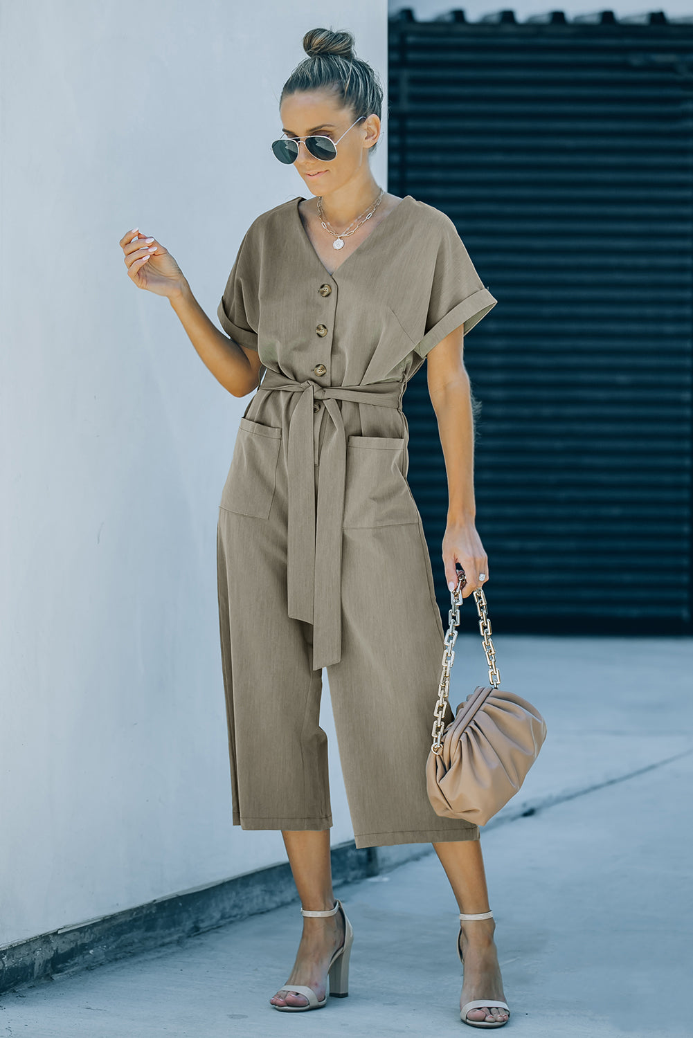 V Neck Pocketed Jumpsuit