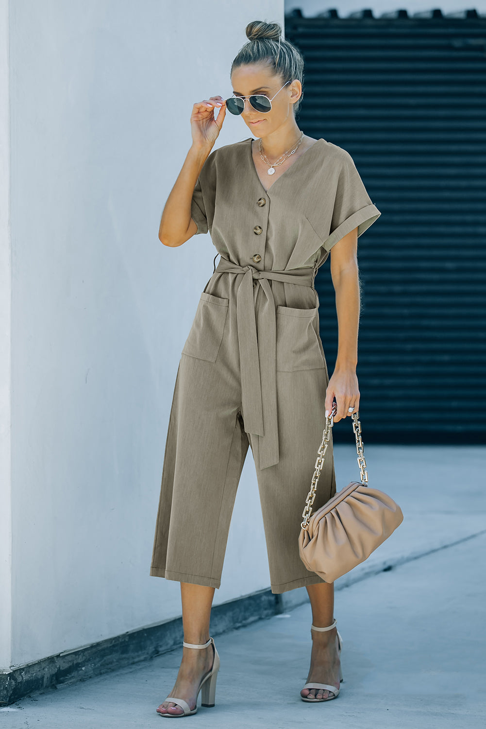 V Neck Pocketed Jumpsuit