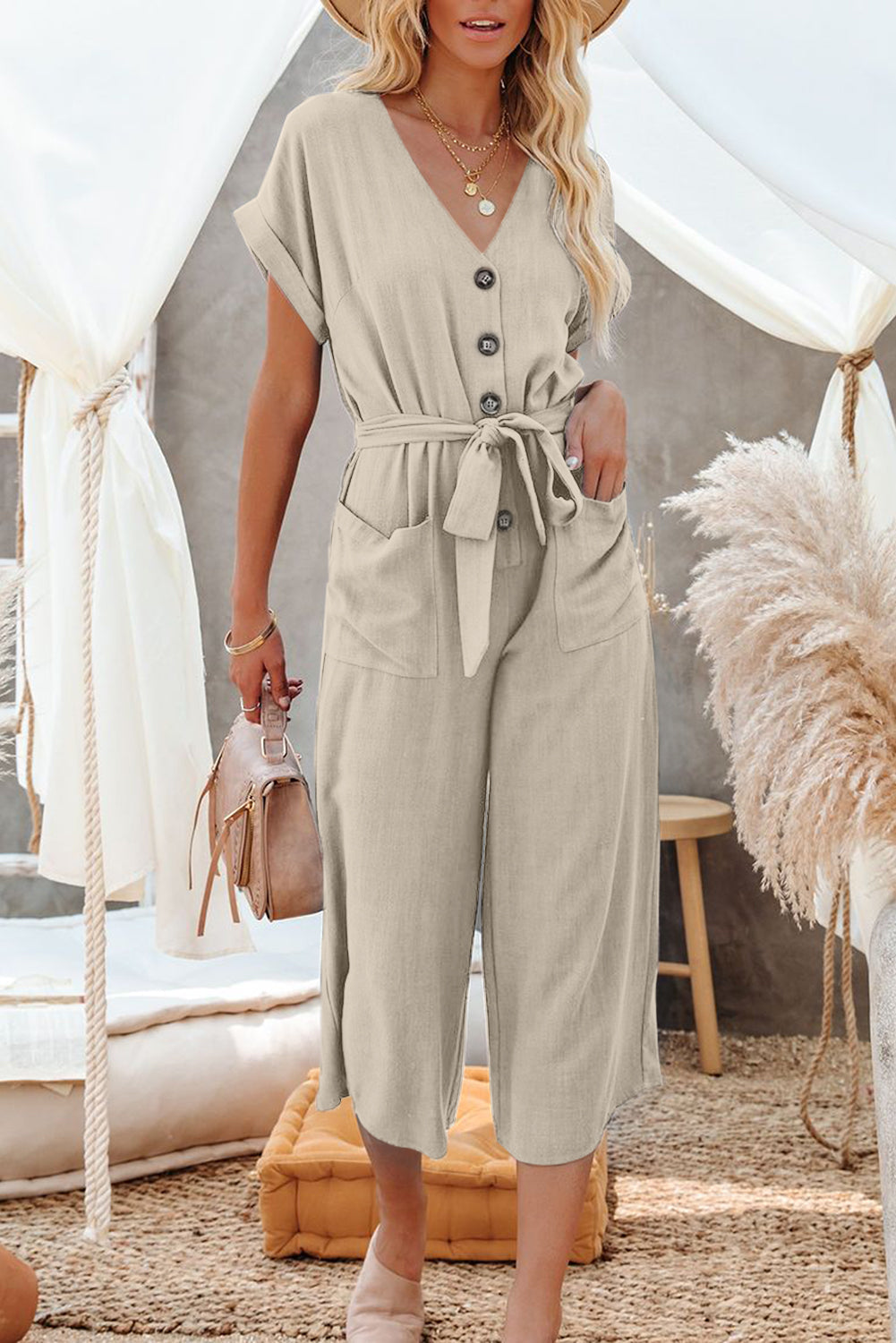 V Neck Pocketed Jumpsuit