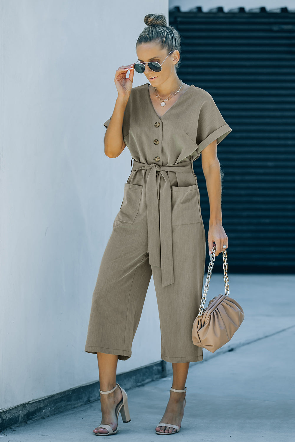 V Neck Pocketed Jumpsuit