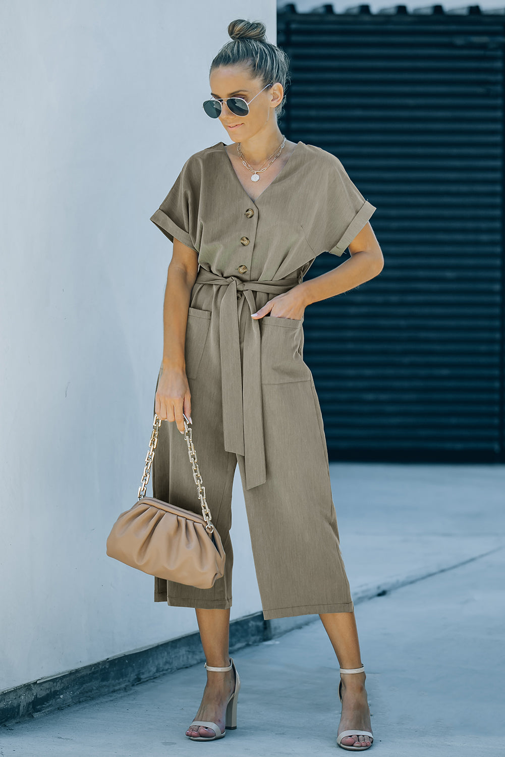 V Neck Pocketed Jumpsuit