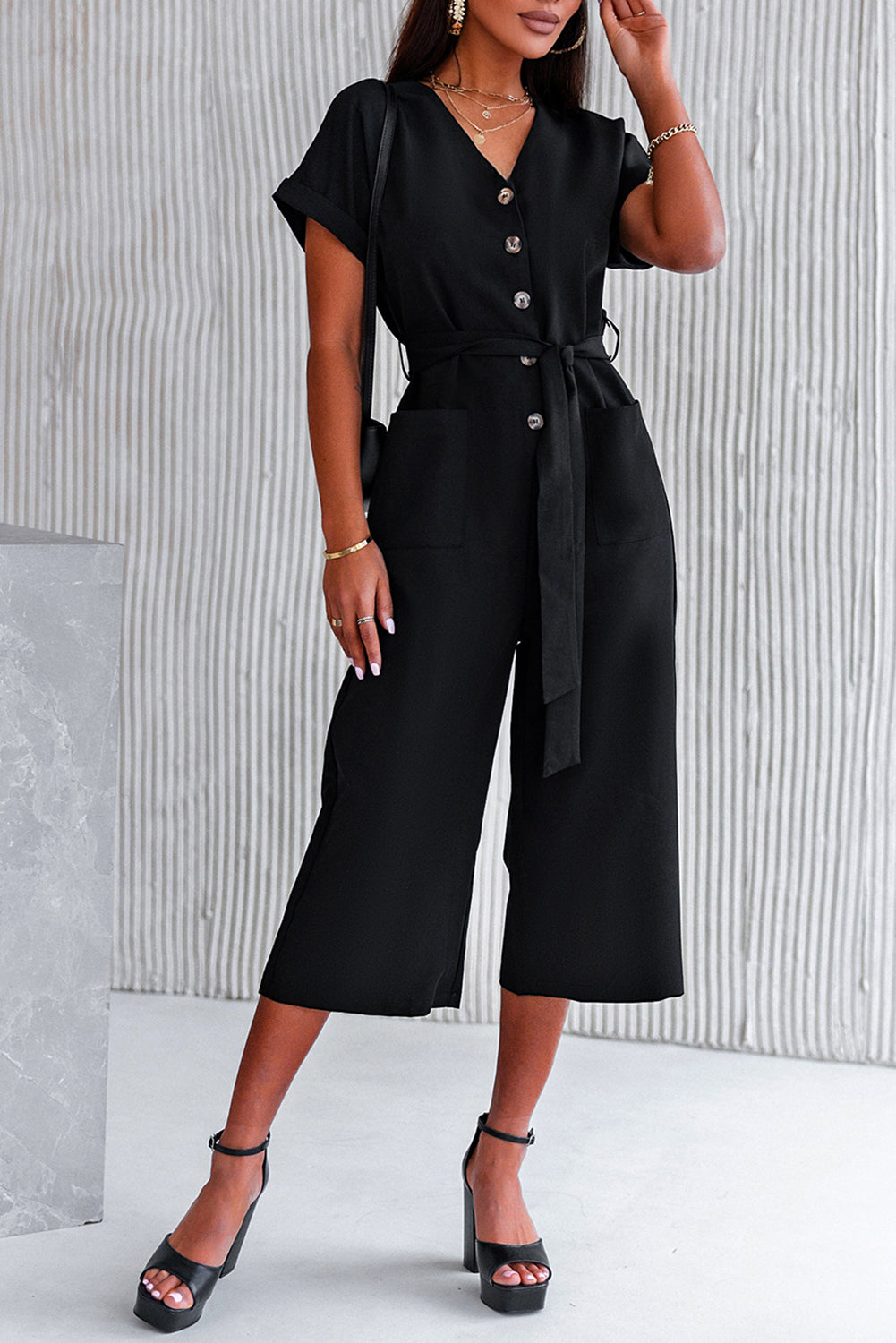 V Neck Pocketed Jumpsuit