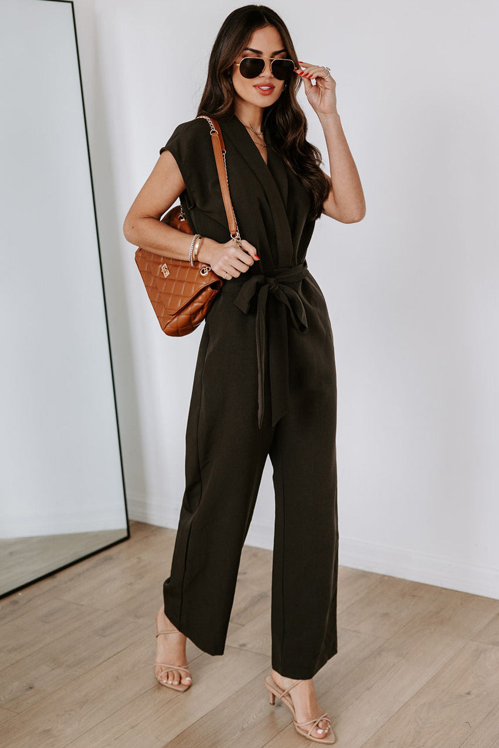 V Neck Pocketed Tie Waist Wide Leg Jumpsuit