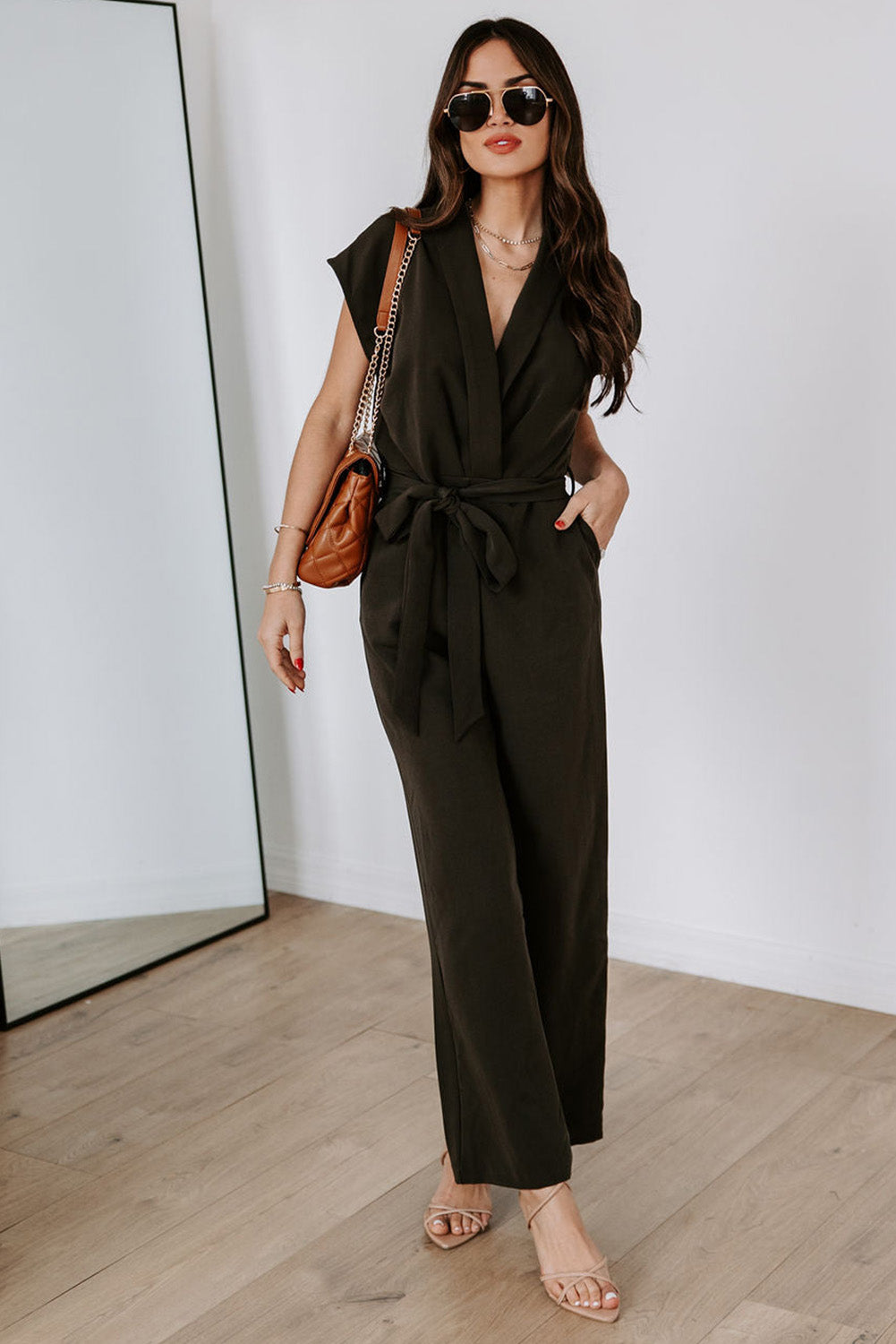 V Neck Pocketed Tie Waist Wide Leg Jumpsuit