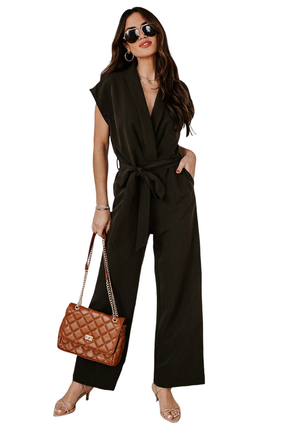 V Neck Pocketed Tie Waist Wide Leg Jumpsuit