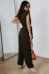 V Neck Pocketed Tie Waist Wide Leg Jumpsuit