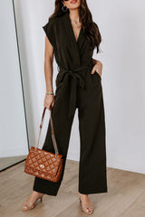 V Neck Pocketed Tie Waist Wide Leg Jumpsuit