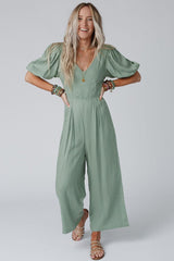 V Neck Puff Sleeve Hollow out Wide Leg Jumpsuit