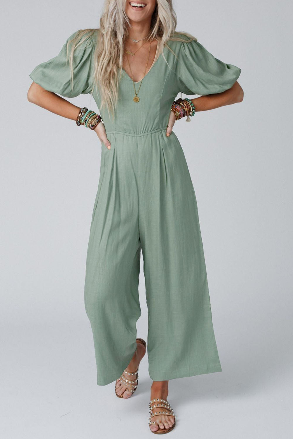 V Neck Puff Sleeve Hollow out Wide Leg Jumpsuit