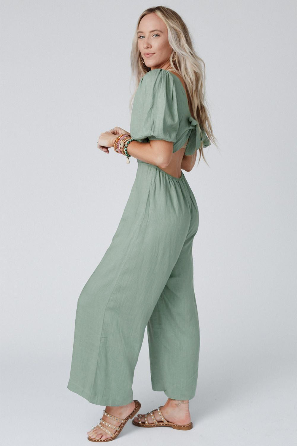 V Neck Puff Sleeve Hollow out Wide Leg Jumpsuit