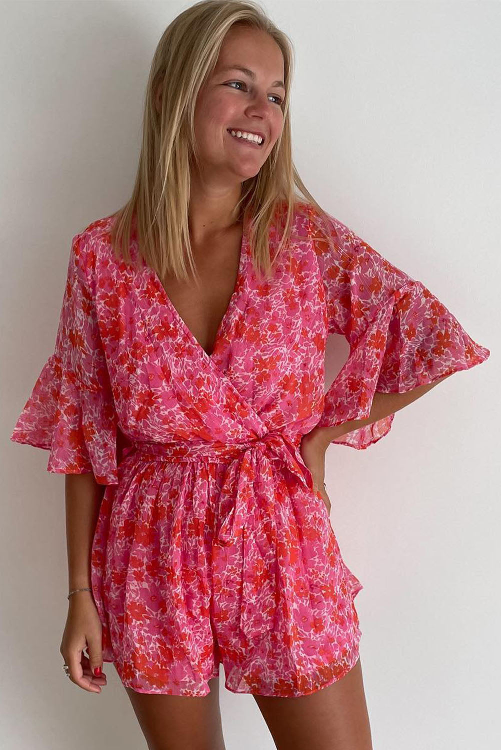 V Neck Ruffled Sleeve Floral Romper