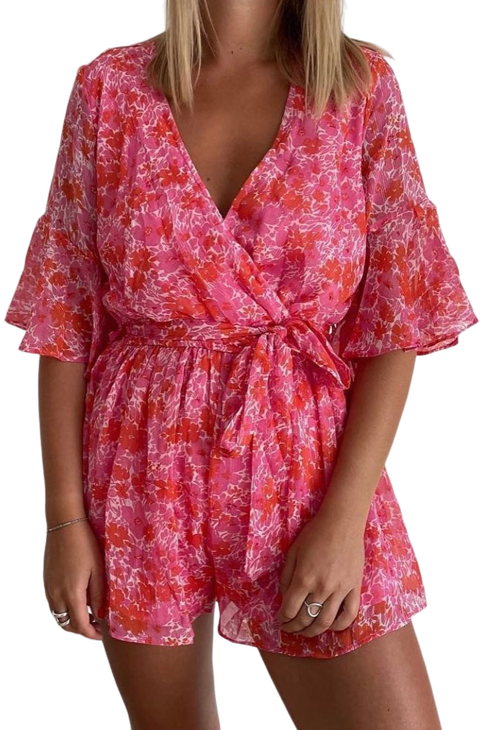 V Neck Ruffled Sleeve Floral Romper