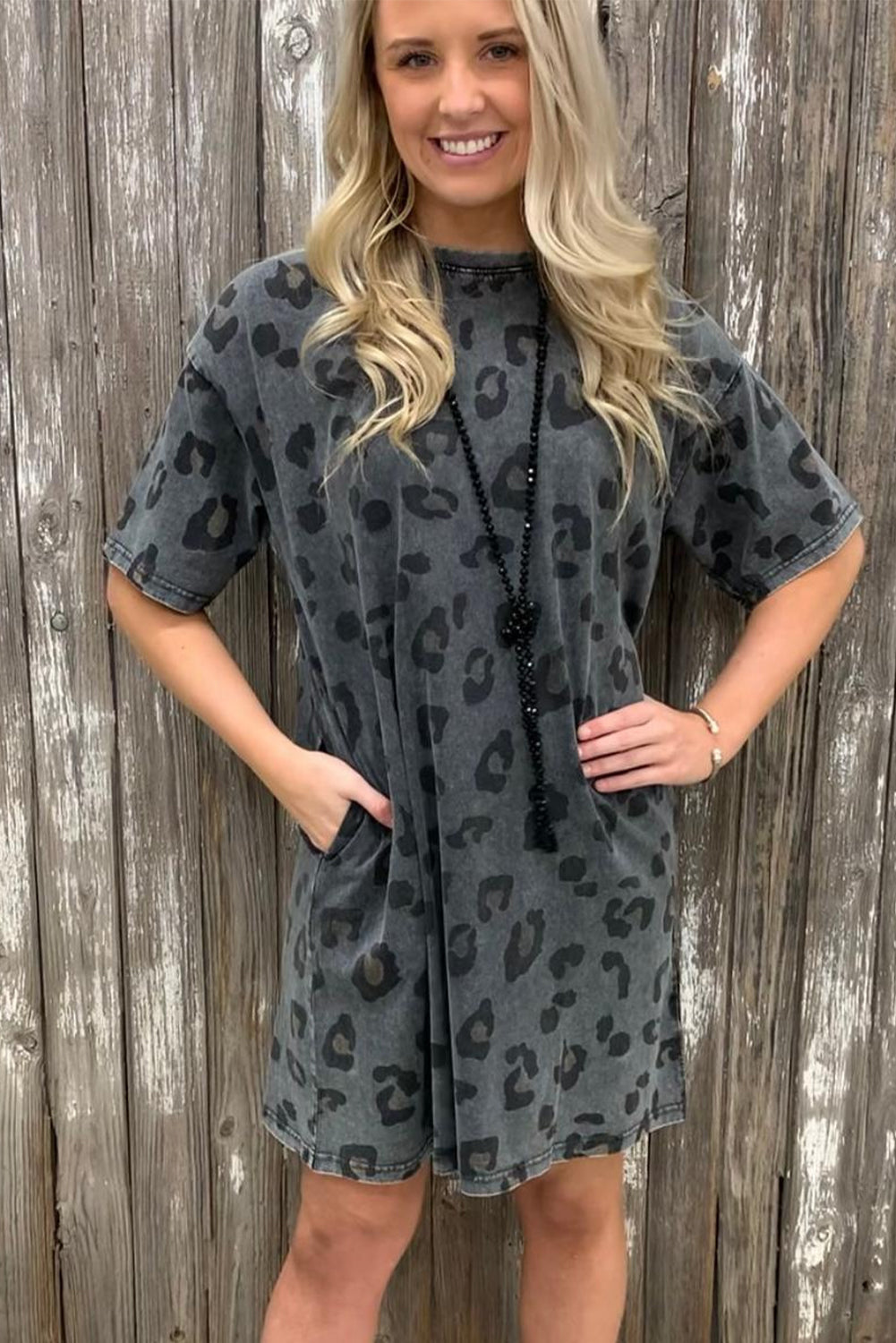 Vintage Washed Leopard T-Shirt Dress with Pockets