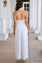 White Button Halterneck Elegant Wide Leg Jumpsuit