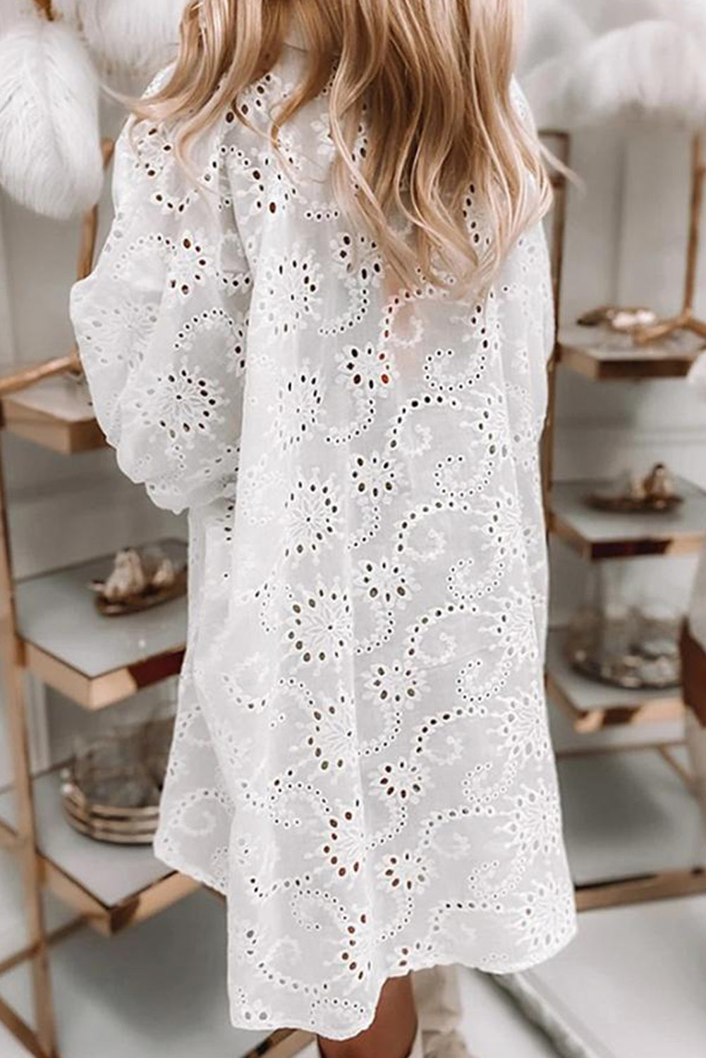 White Eyelet Floral Pattern Shirt Babydoll Dress