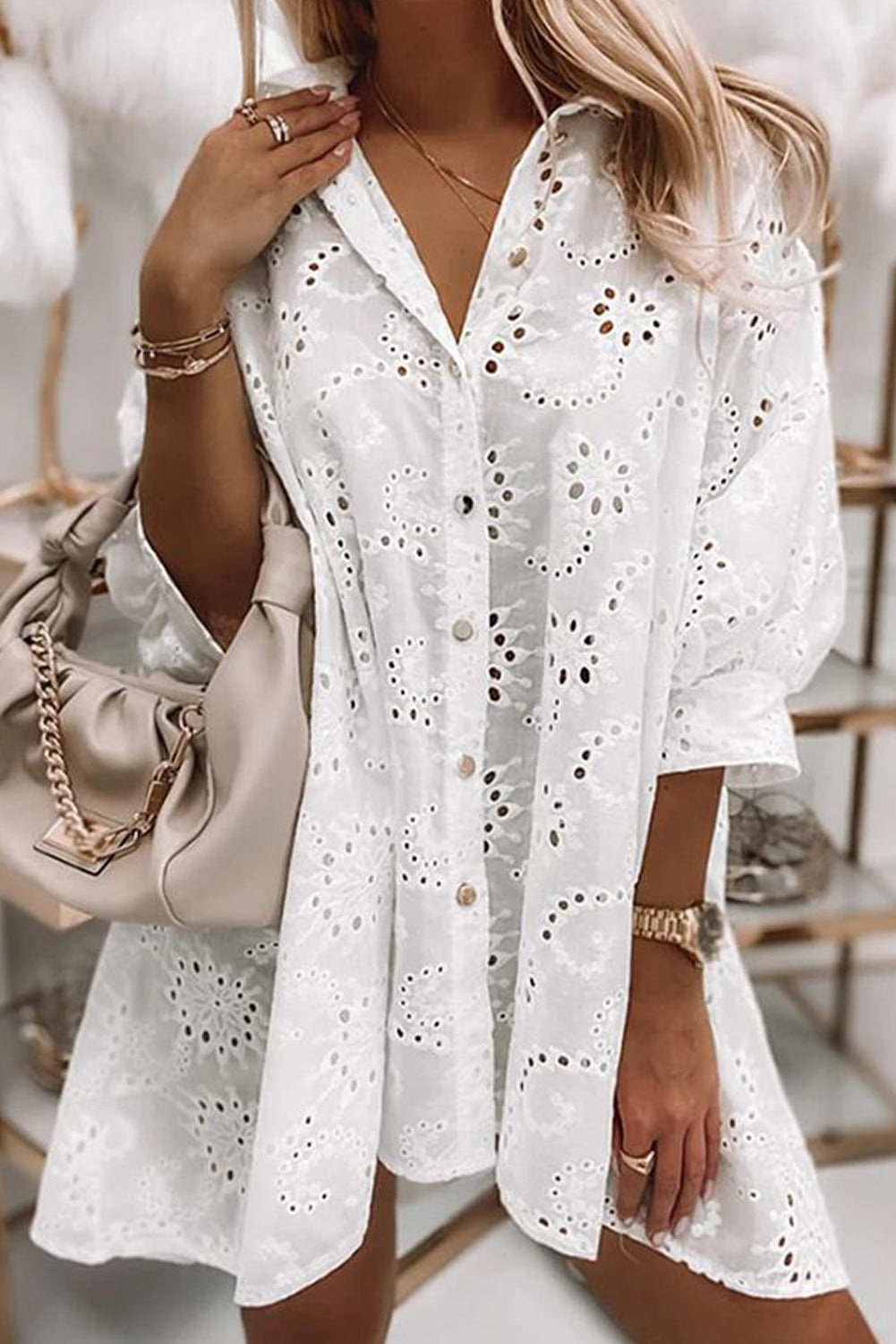 White Eyelet Floral Pattern Shirt Babydoll Dress