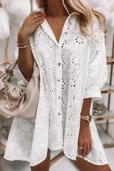 White Eyelet Floral Pattern Shirt Babydoll Dress