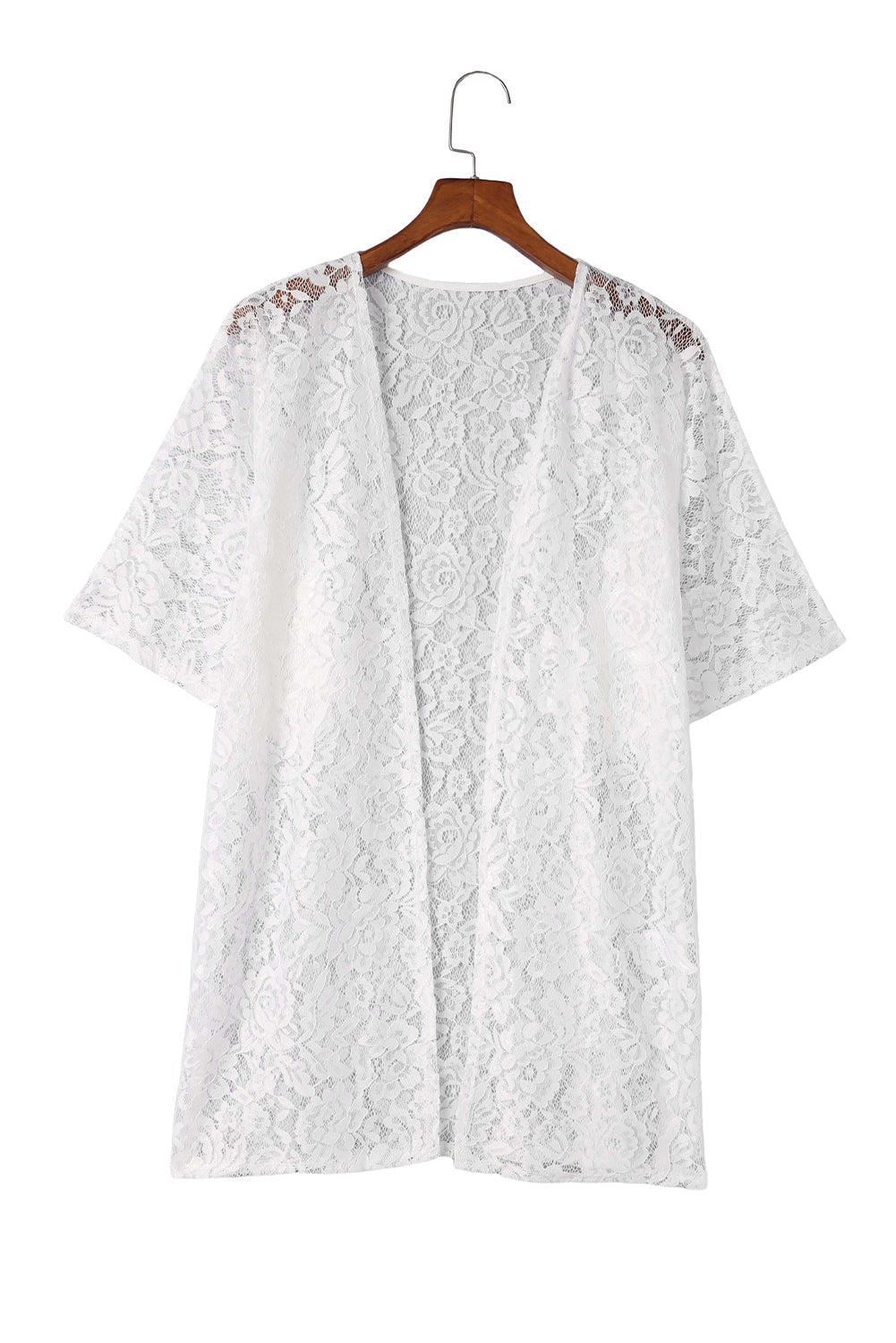 White Floral Lace Crochet Short Sleeve Open Front Kimono