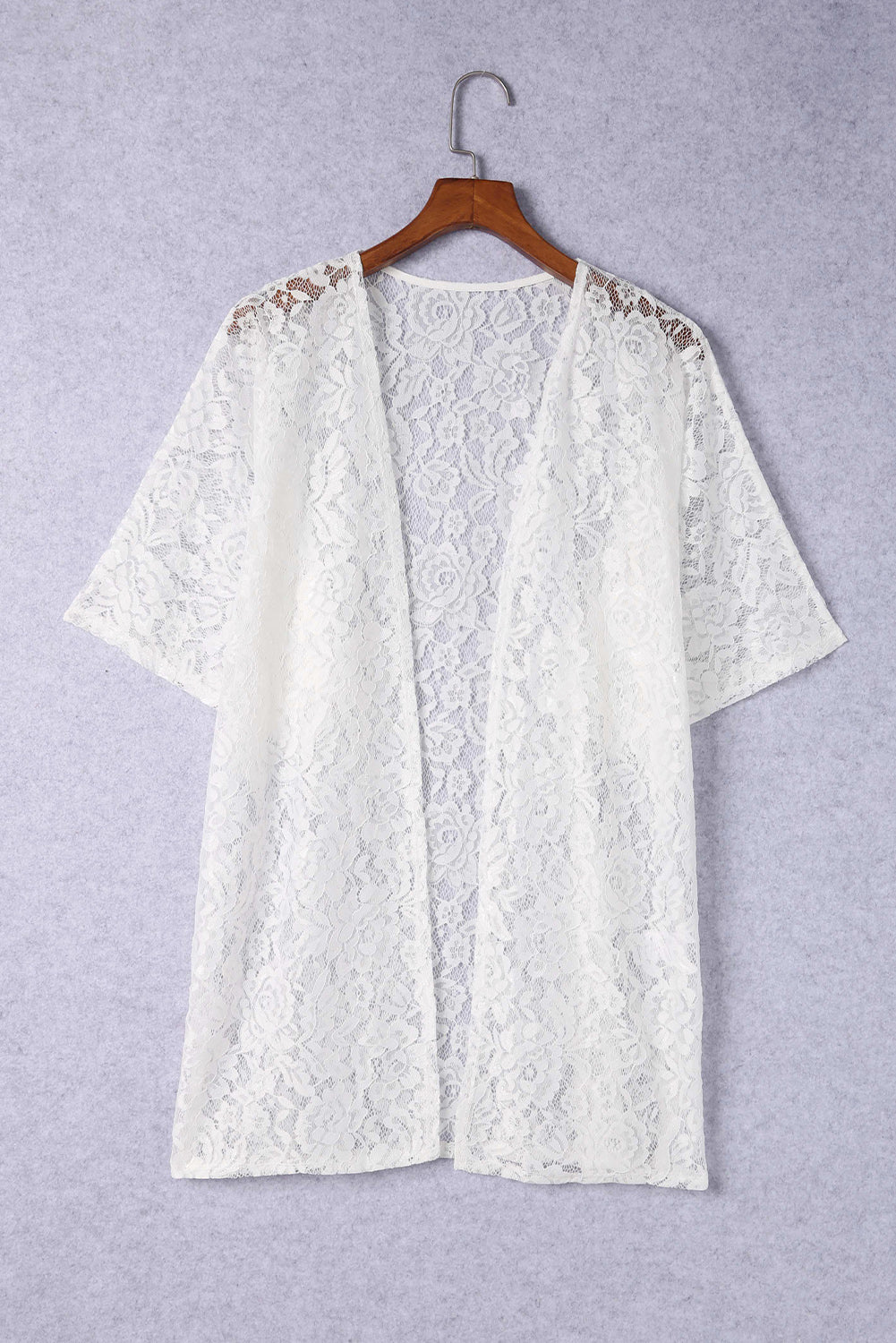 White Floral Lace Crochet Short Sleeve Open Front Kimono