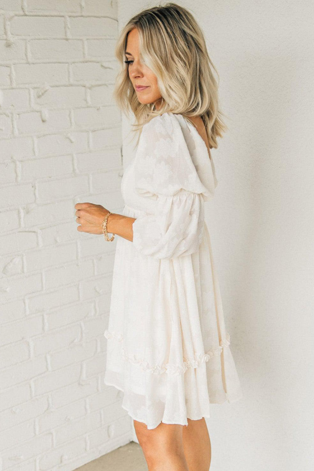 White Jacquard Square Neck Bubble Sleeve Dress