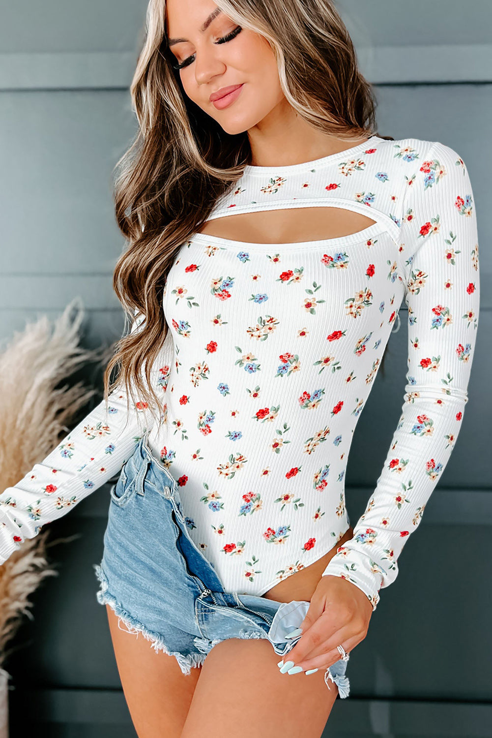 White Long Sleeve Cut-Out Floral Bodysuit