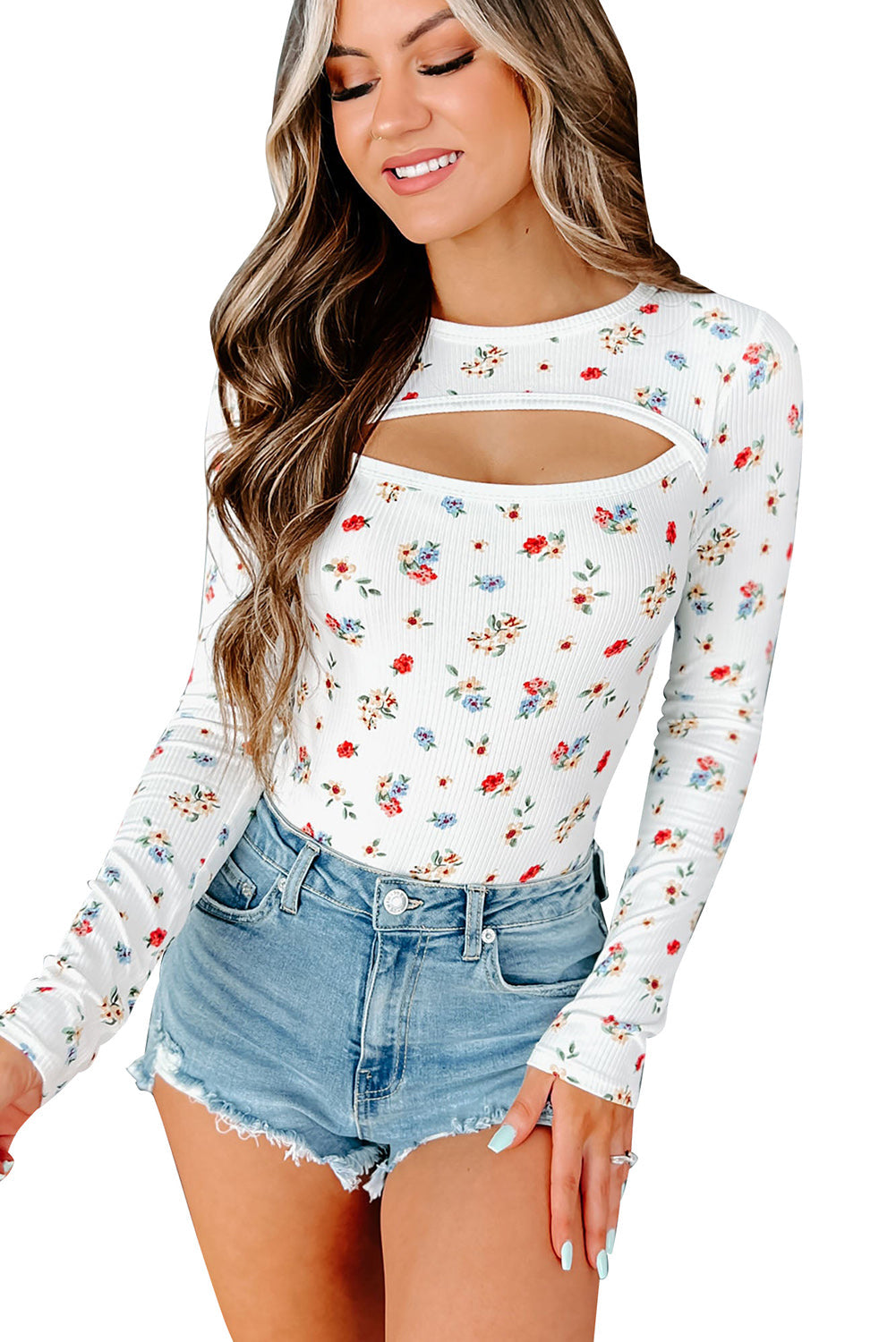 White Long Sleeve Cut-Out Floral Bodysuit