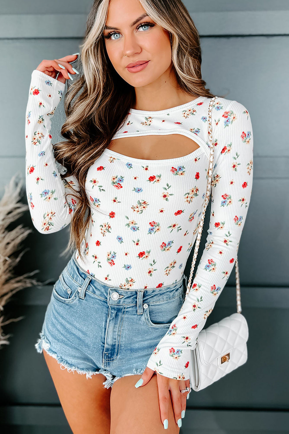 White Long Sleeve Cut-Out Floral Bodysuit