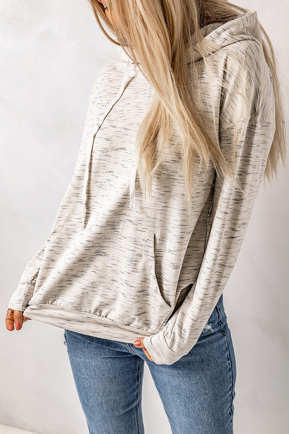 White Marbled Drawstring Cropped Hoodie