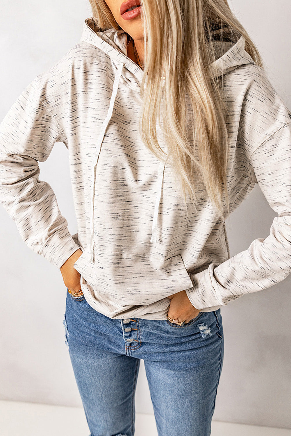 White Marbled Drawstring Cropped Hoodie