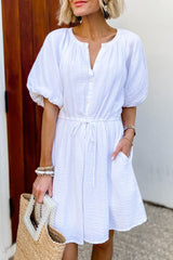 White Puff Sleeve Drawstring Shirt Dress with Pockets