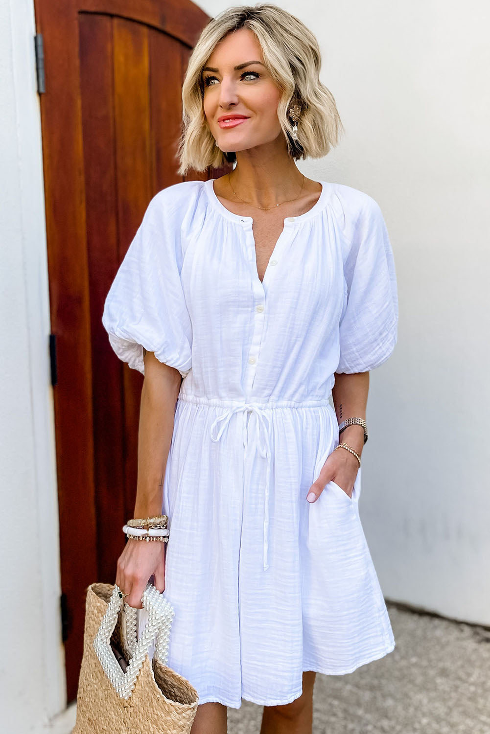 White Puff Sleeve Drawstring Shirt Dress with Pockets