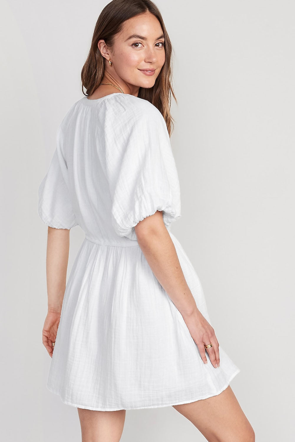 White Puff Sleeve Drawstring Shirt Dress with Pockets