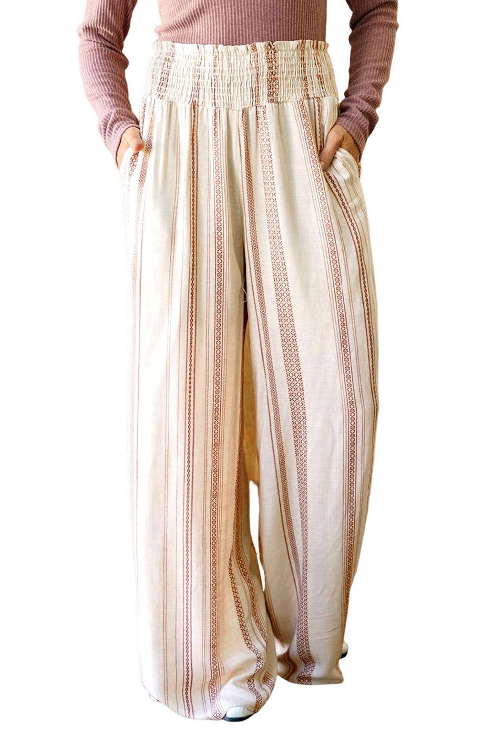 White Smocked Waist Printed Wide Leg Pants