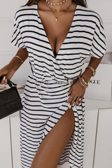 White Stripe Wrapped V Neck Short Sleeve Split Dress