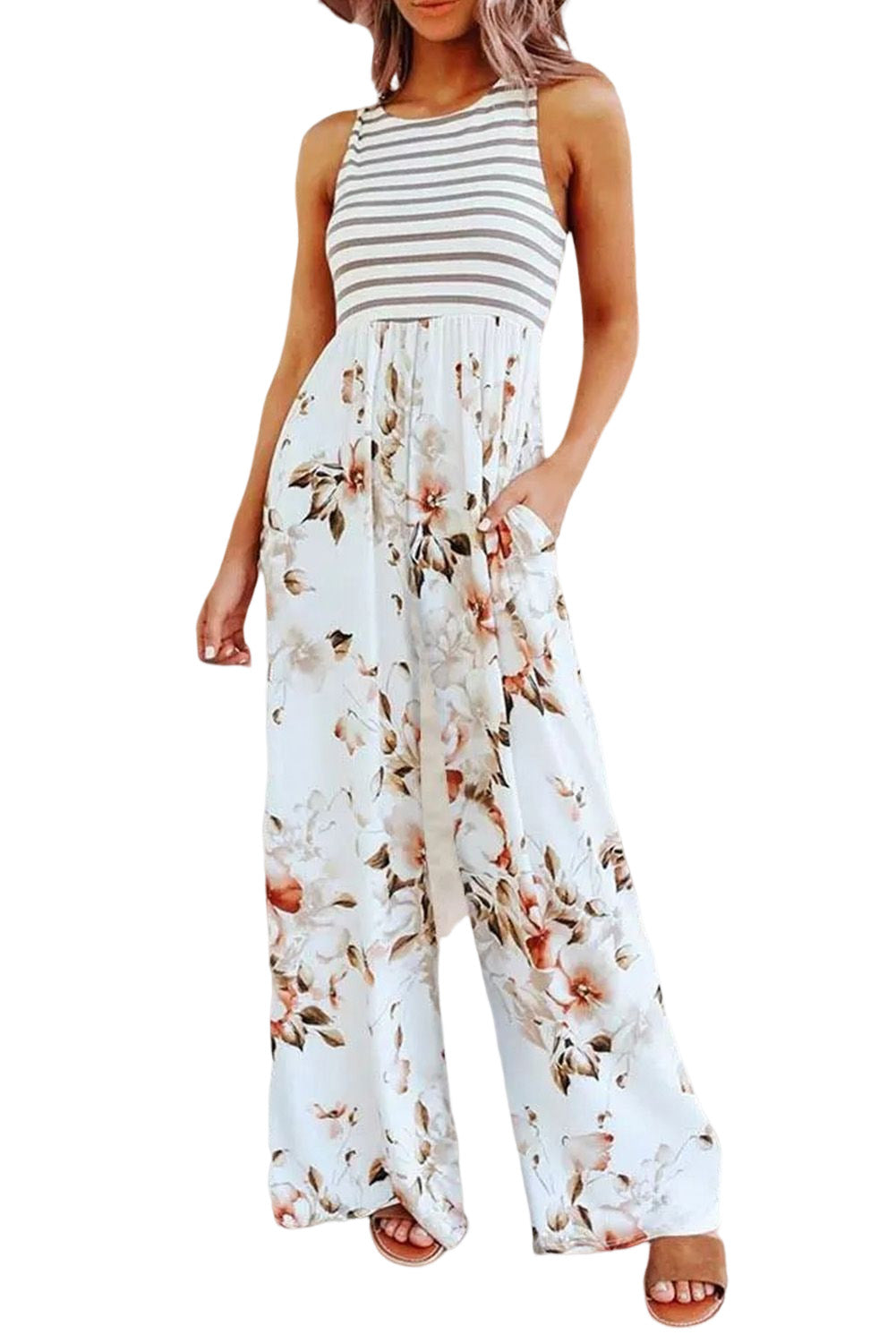 White Striped Floral Pocket Sleeveless Jumpsuit