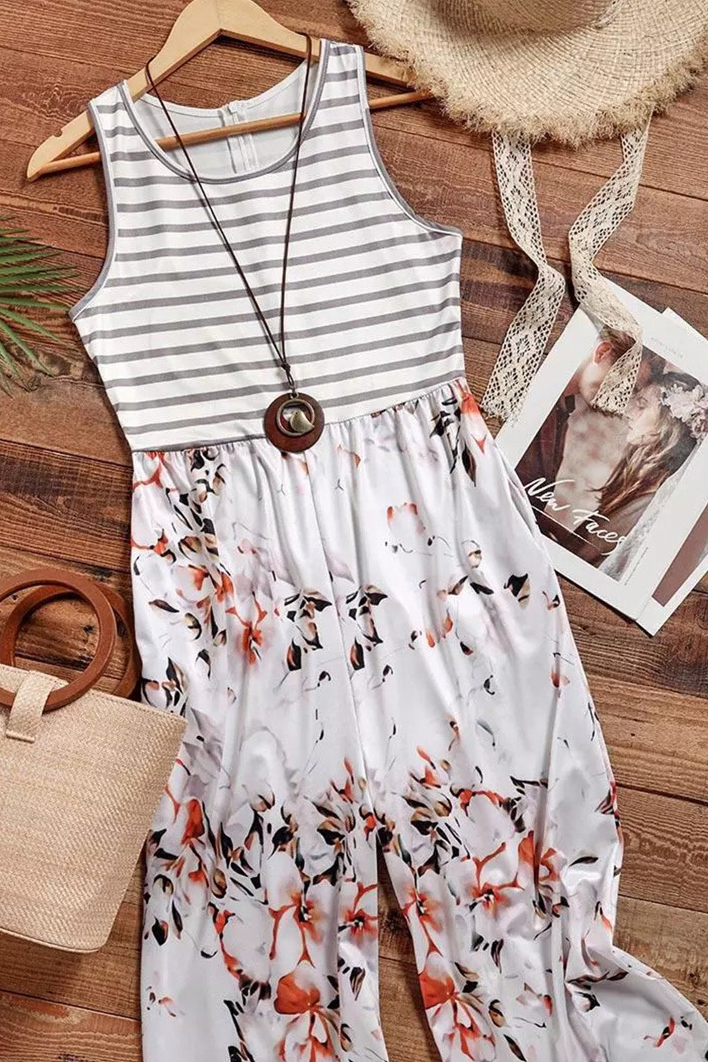 White Striped Floral Pocket Sleeveless Jumpsuit