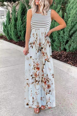 White Striped Floral Pocket Sleeveless Jumpsuit