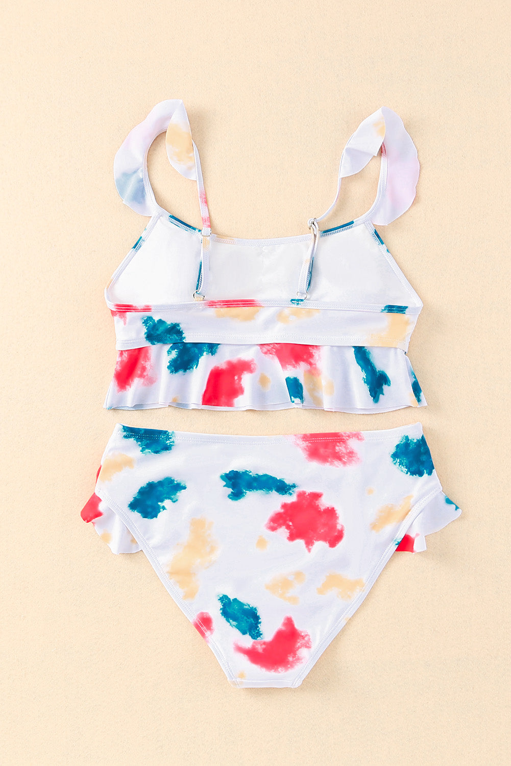 White Tie Dye Scoop Neck Ruffle Trim Two Piece Swimsuit