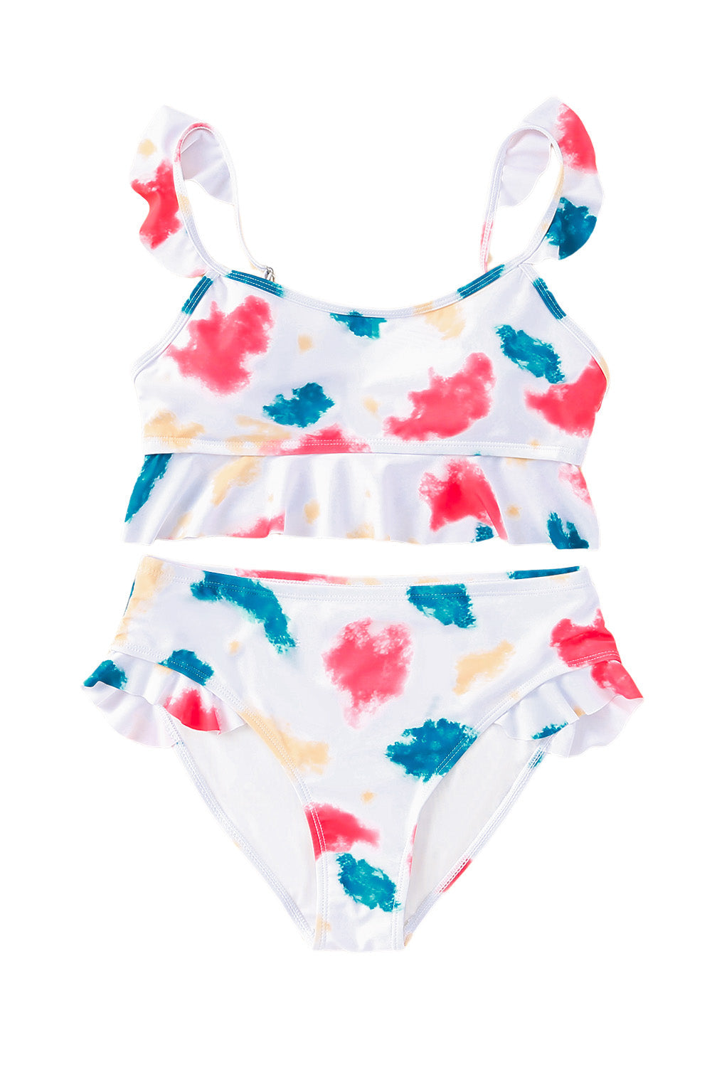 White Tie Dye Scoop Neck Ruffle Trim Two Piece Swimsuit