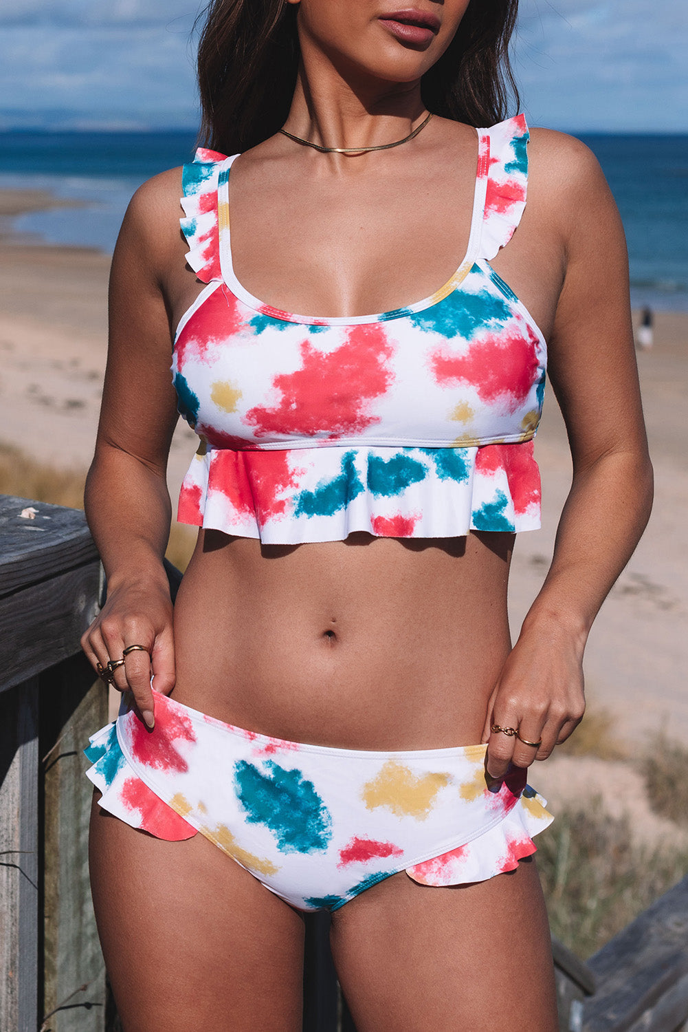 White Tie Dye Scoop Neck Ruffle Trim Two Piece Swimsuit