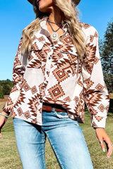 White Western Aztec Pattern Button Flap Pocket Shirt