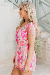 Wrap V Neck Tie Shoulder Abstract Print Sleeveless Romper