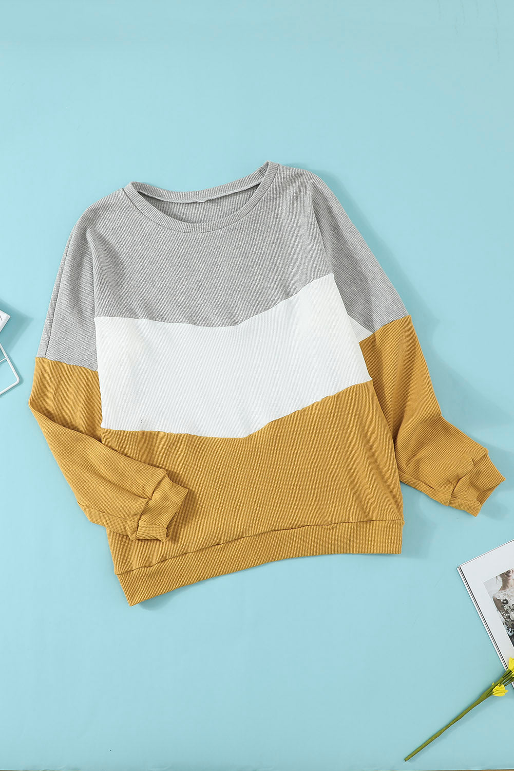 Yellow Chevron Waffle Colorblock Pullover Sweatshirt